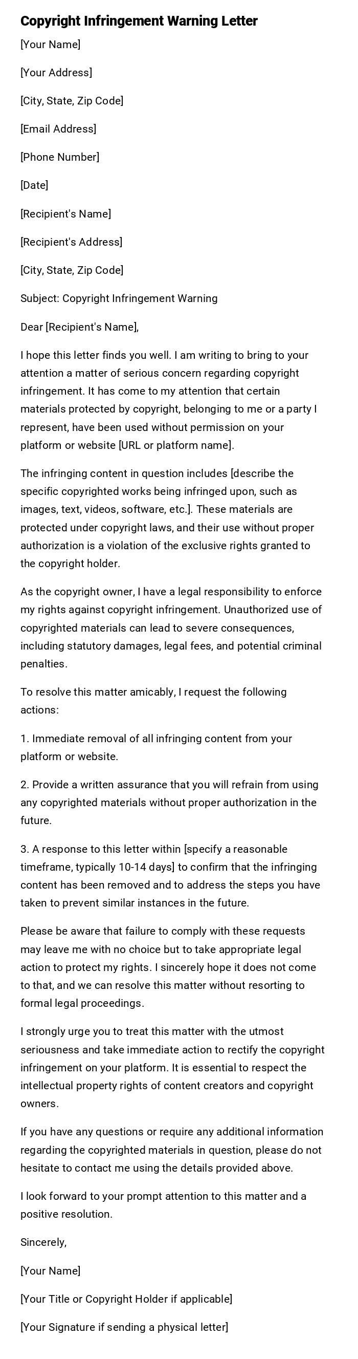 Copyright Infringement Warning Letter Copyright Infringement Warning Letter