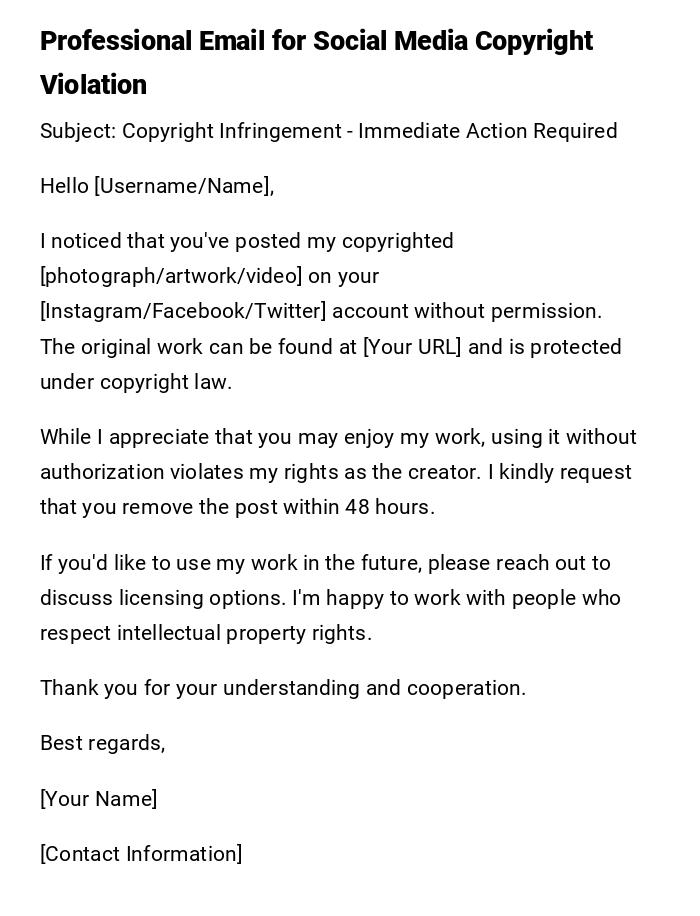 Professional Email for Social Media Copyright Violation