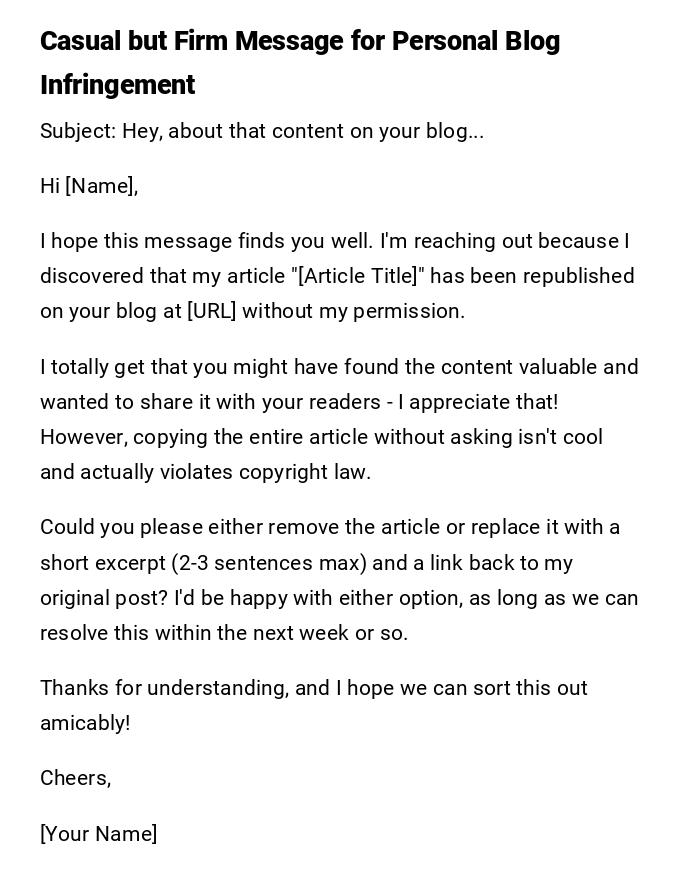 Casual but Firm Message for Personal Blog Infringement