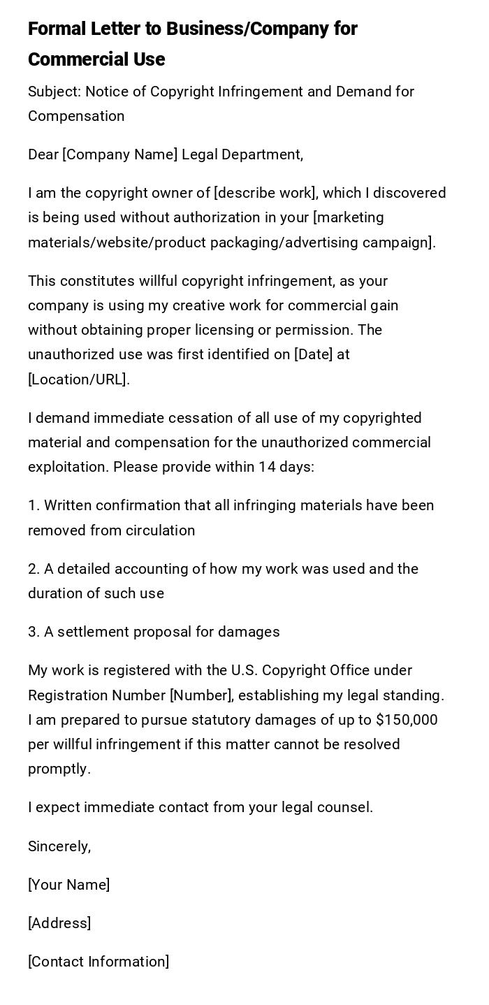 Formal Letter to Business/Company for Commercial Use
