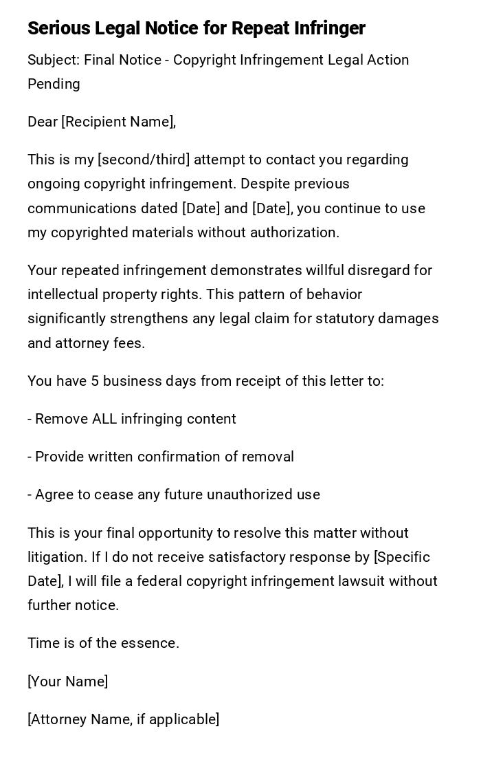 Serious Legal Notice for Repeat Infringer