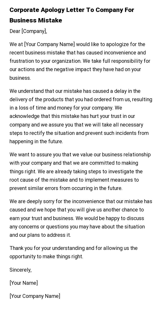 Corporate Apology Letter To Company For Business Mistake