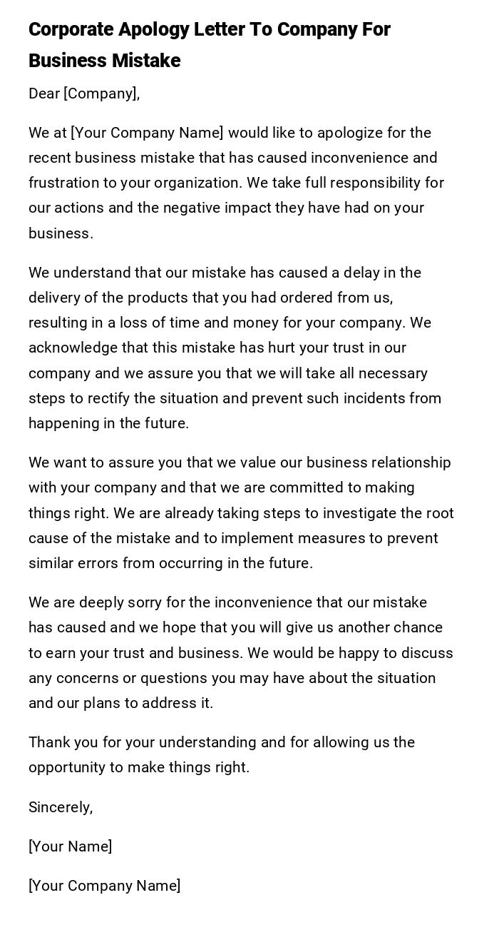 Corporate Apology Letter To Company For Business Mistake