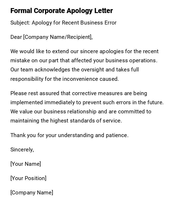 Formal Corporate Apology Letter Formal Corporate Apology Letter