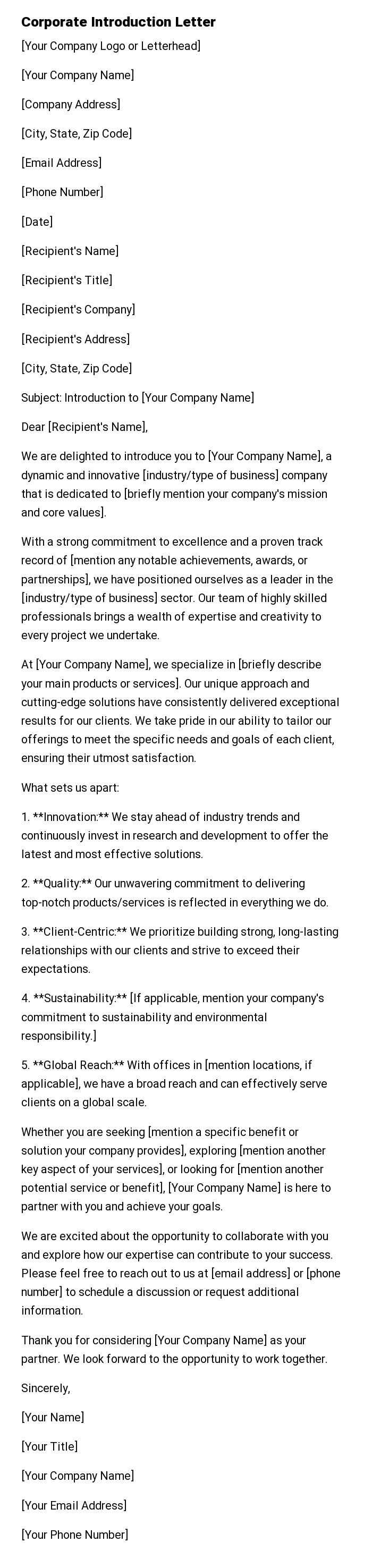 Corporate Introduction Letter