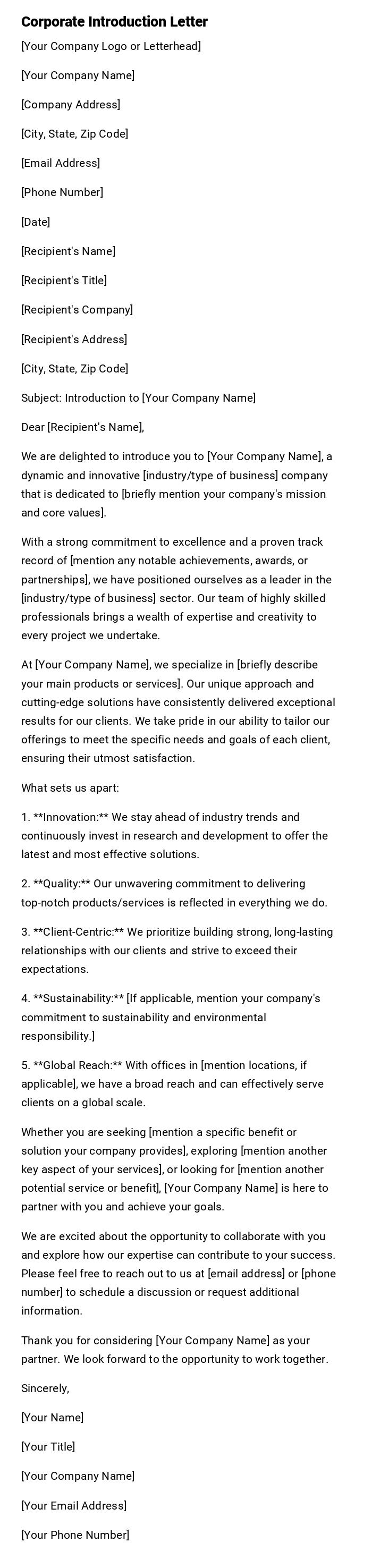 Corporate Introduction Letter