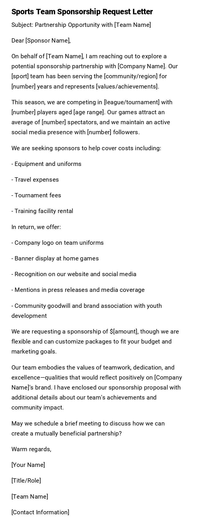 Sports Team Sponsorship Request Letter Sports Team Sponsorship Request Letter