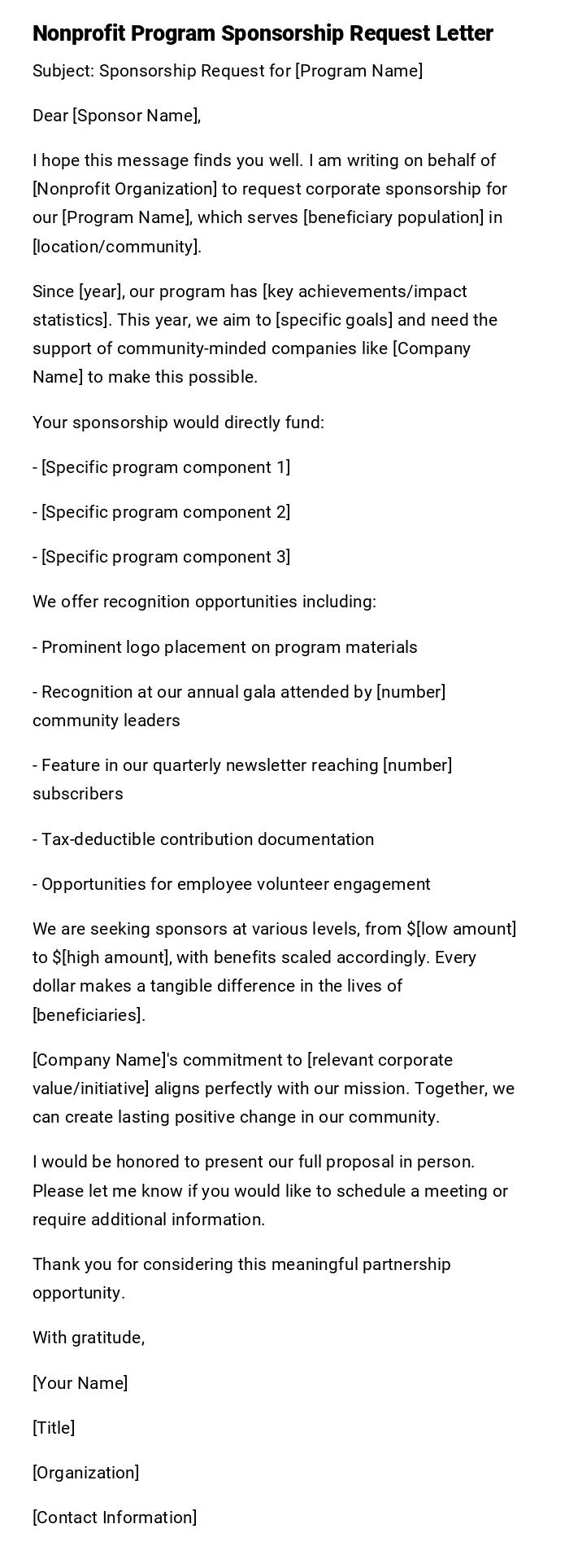 Nonprofit Program Sponsorship Request Letter Nonprofit Program Sponsorship Request Letter
