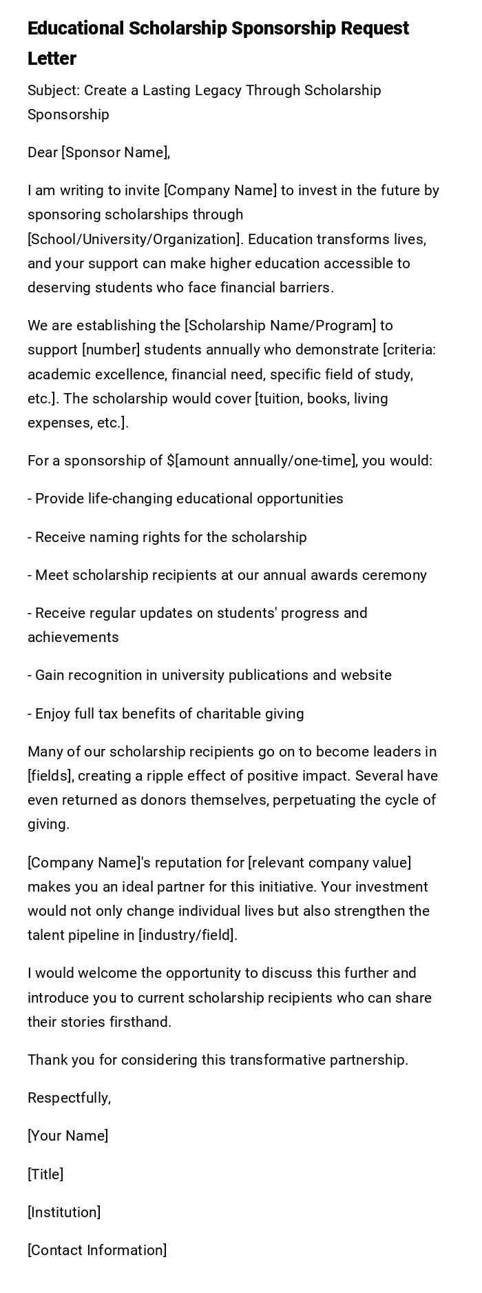 Educational Scholarship Sponsorship Request Letter Educational Scholarship Sponsorship Request Letter