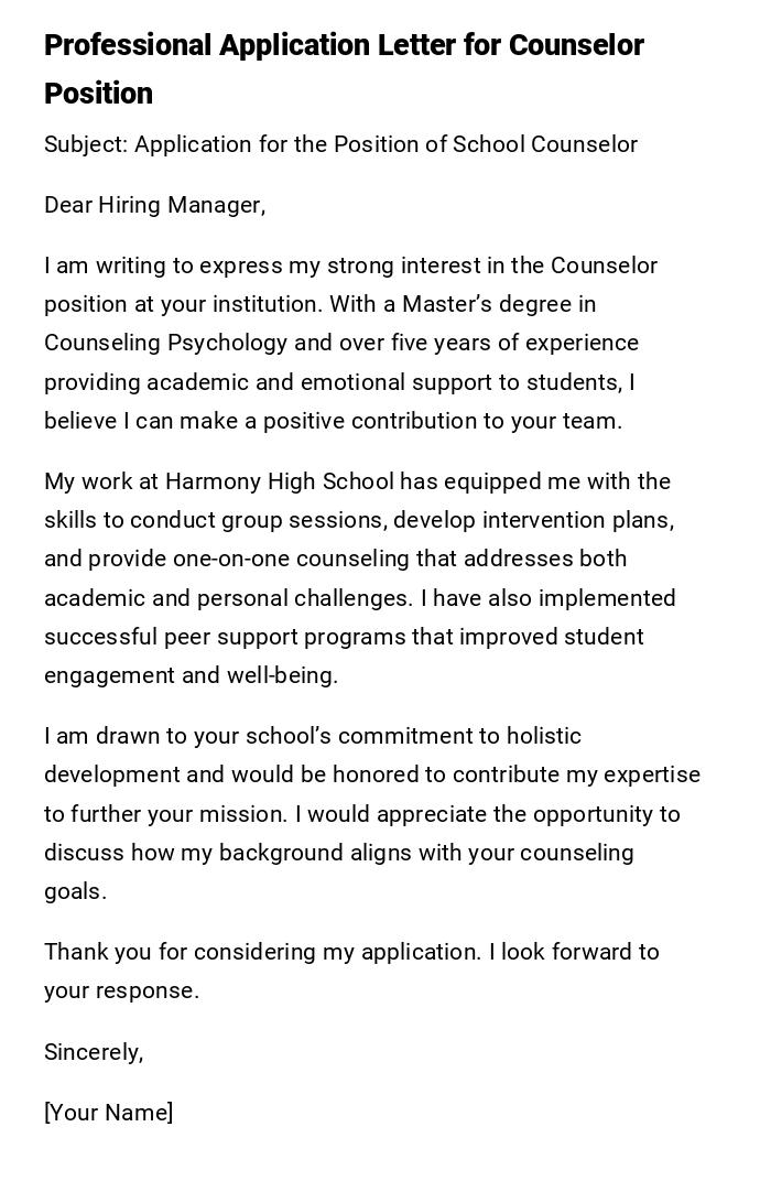 Professional Application Letter for Counselor Position Professional Application Letter for Counselor Position