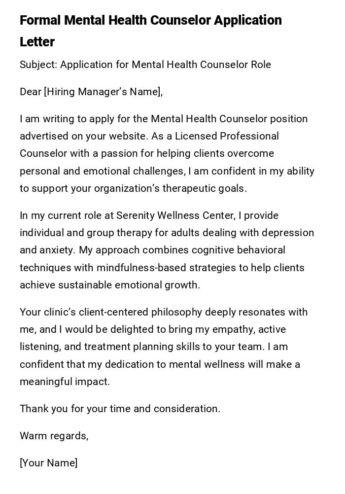 Formal Mental Health Counselor Application Letter Formal Mental Health Counselor Application Letter