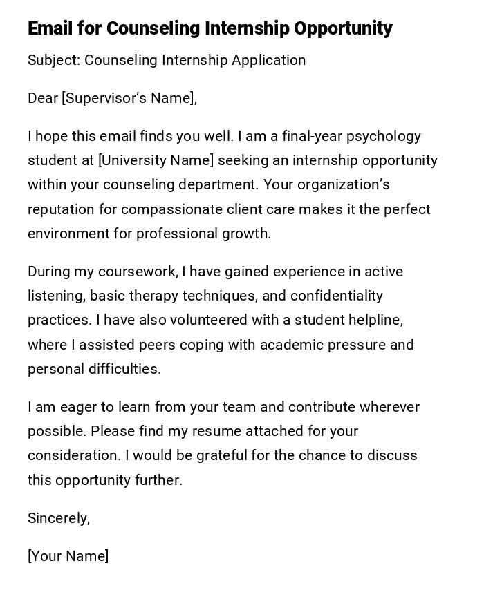Email for Counseling Internship Opportunity Email for Counseling Internship Opportunity