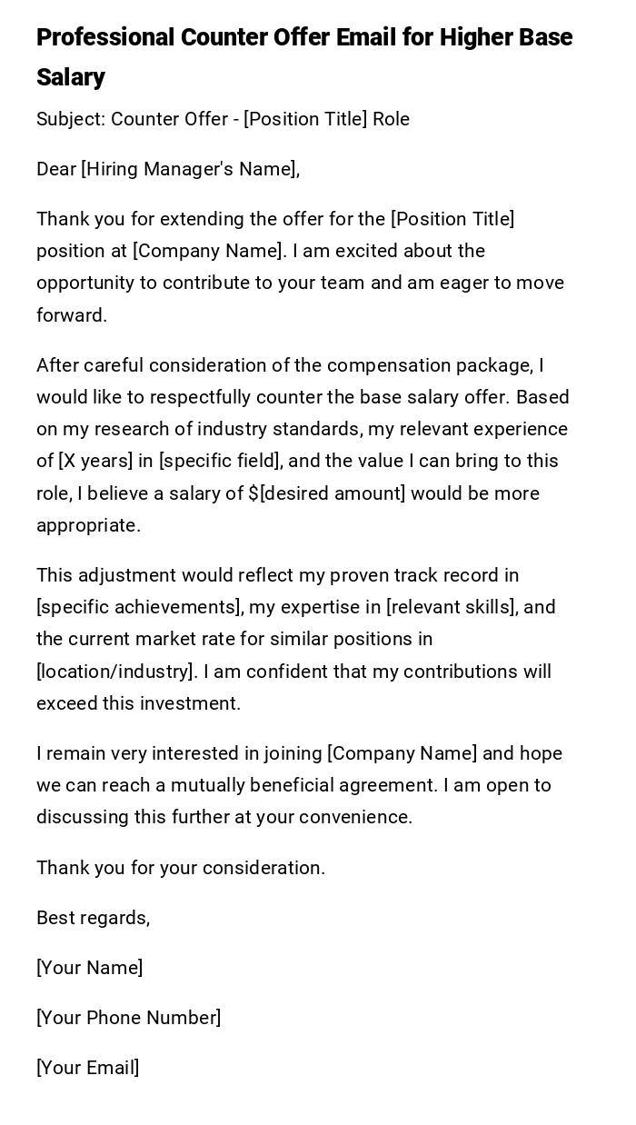 Professional Counter Offer Email for Higher Base Salary Professional Counter Offer Email for Higher Base Salary