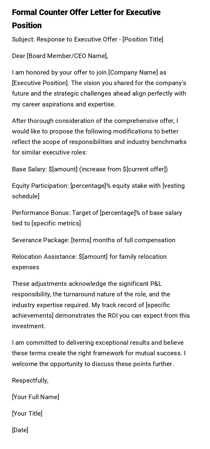 Formal Counter Offer Letter for Executive Position Formal Counter Offer Letter for Executive Position