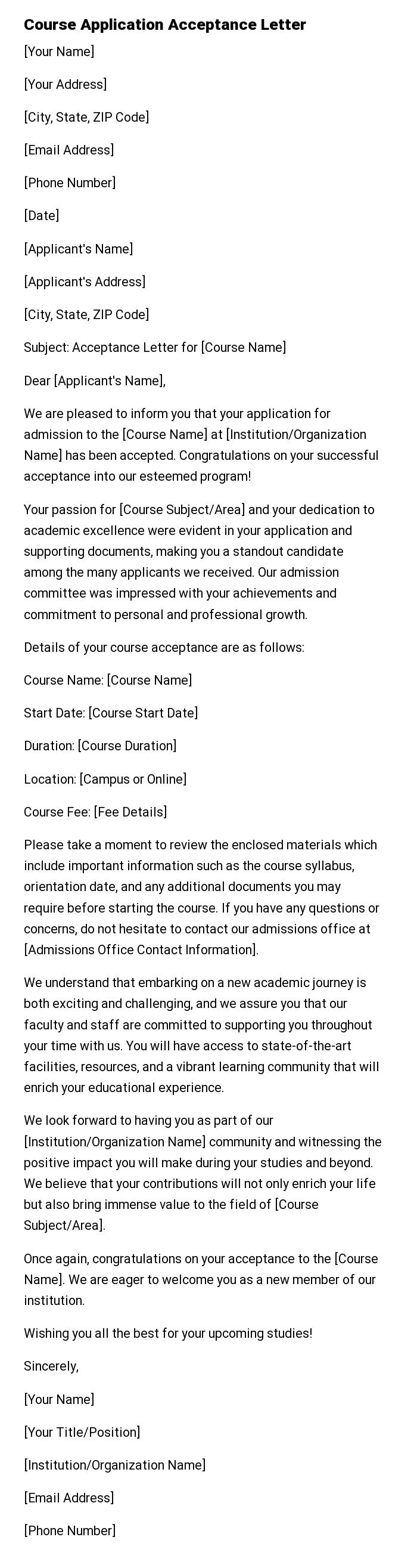 Course Application Acceptance Letter
