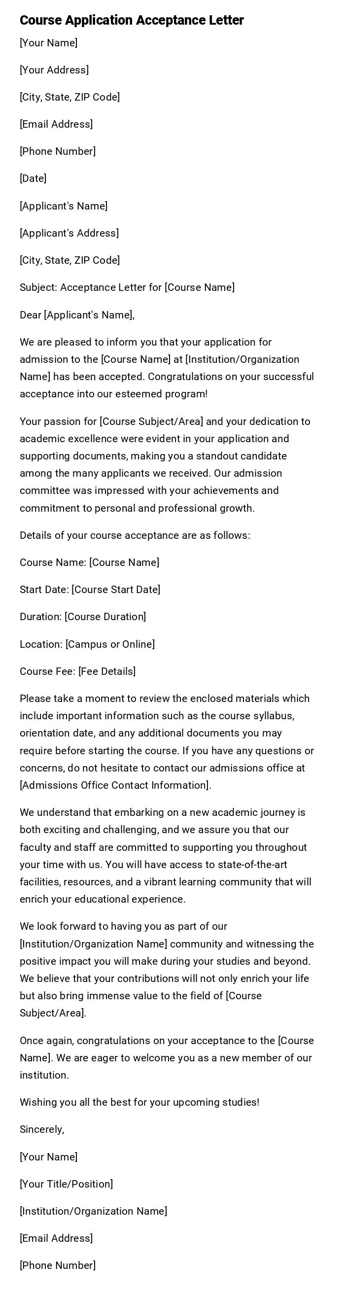 Course Application Acceptance Letter