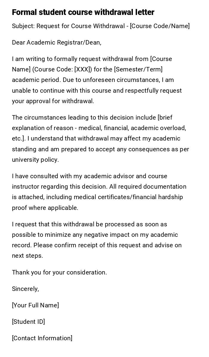 Formal student course withdrawal letter