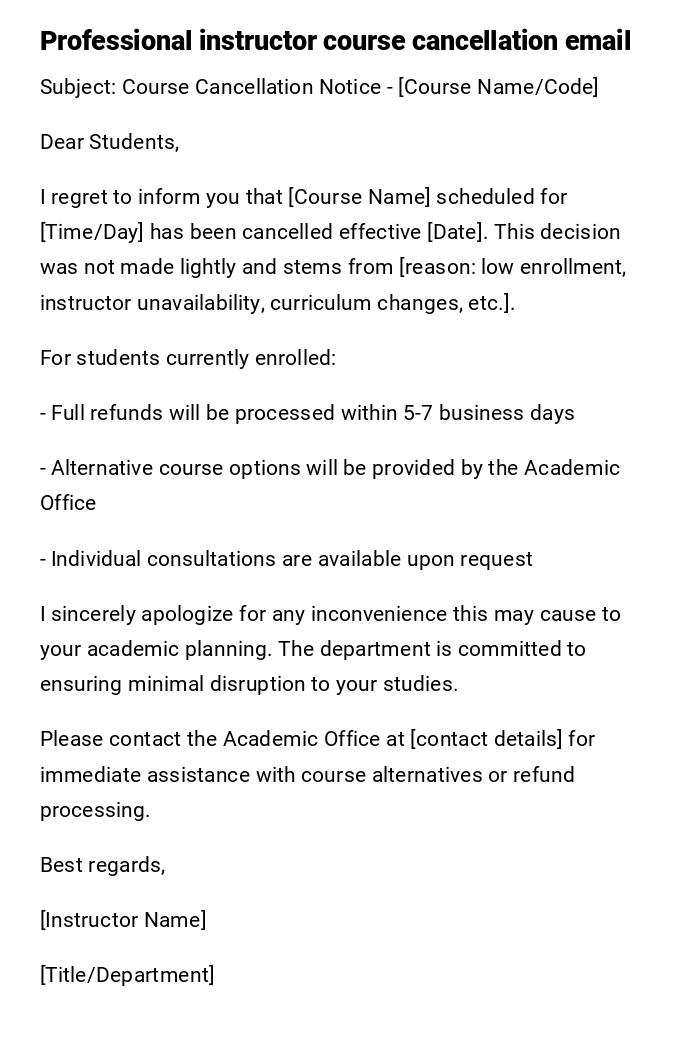 Professional instructor course cancellation email