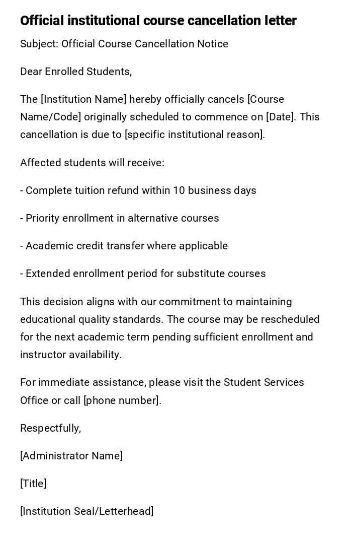 Official institutional course cancellation letter