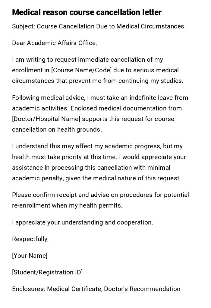Medical reason course cancellation letter