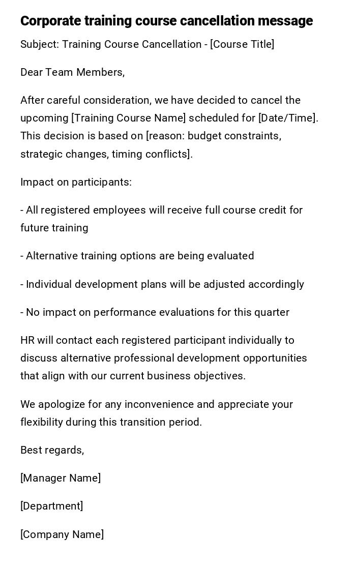 Corporate training course cancellation message