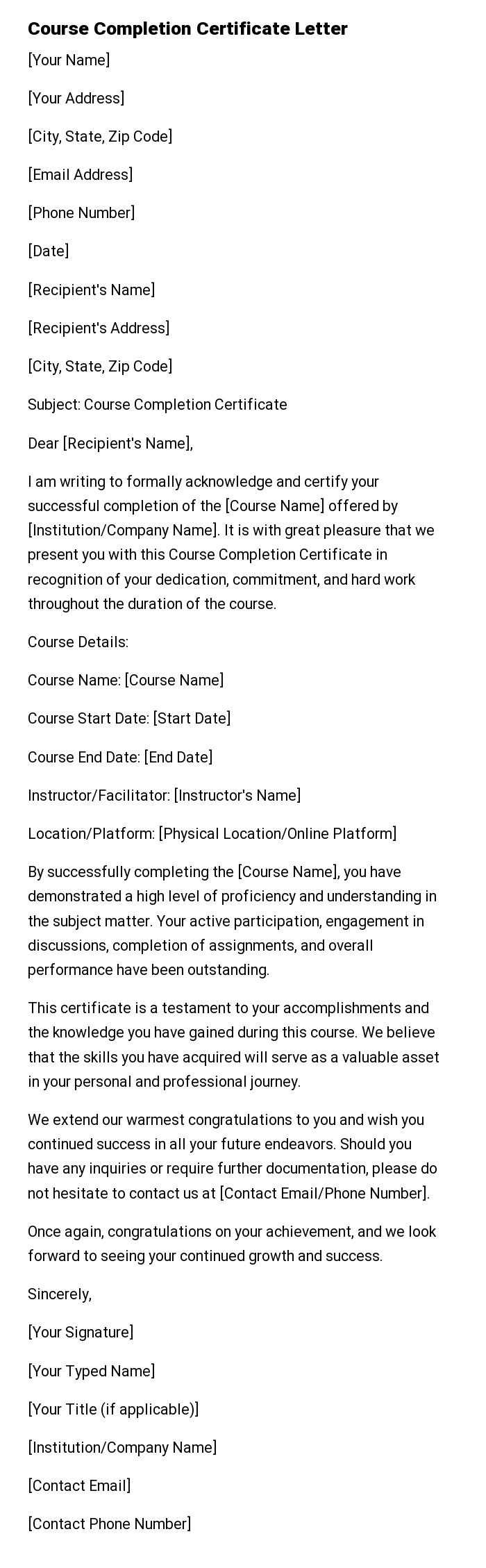 Course Completion Certificate Letter