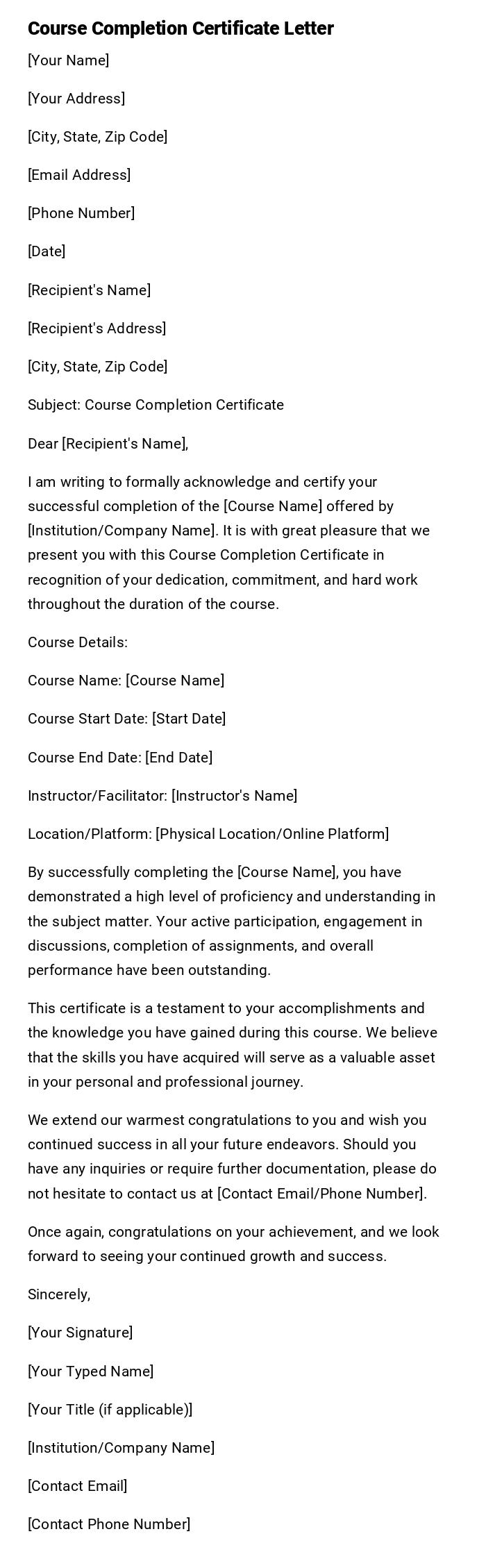 Course Completion Certificate Letter