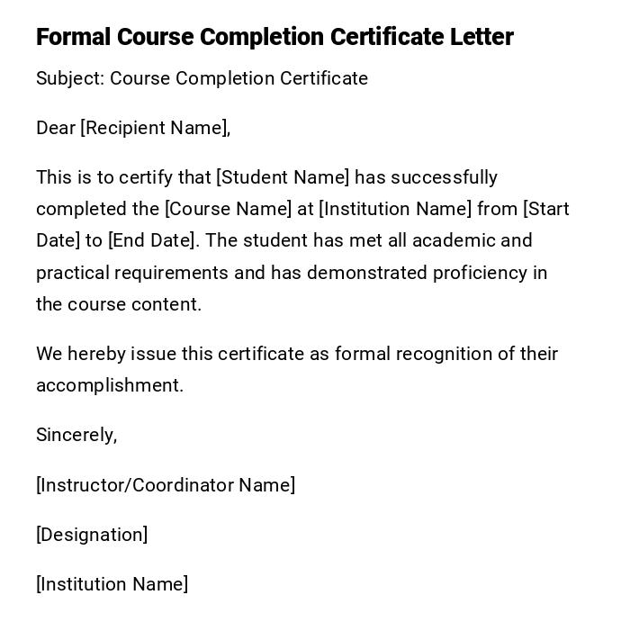 Formal Course Completion Certificate Letter Formal Course Completion Certificate Letter