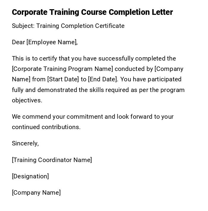Corporate Training Course Completion Letter Corporate Training Course Completion Letter