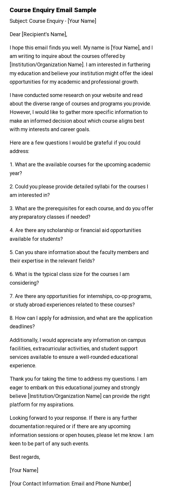 Course Enquiry Email Sample