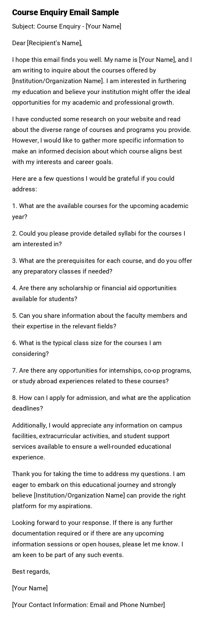 Course Enquiry Email Sample