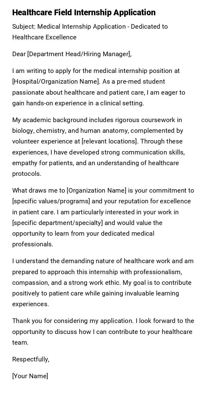 Healthcare Field Internship Application Healthcare Field Internship Application