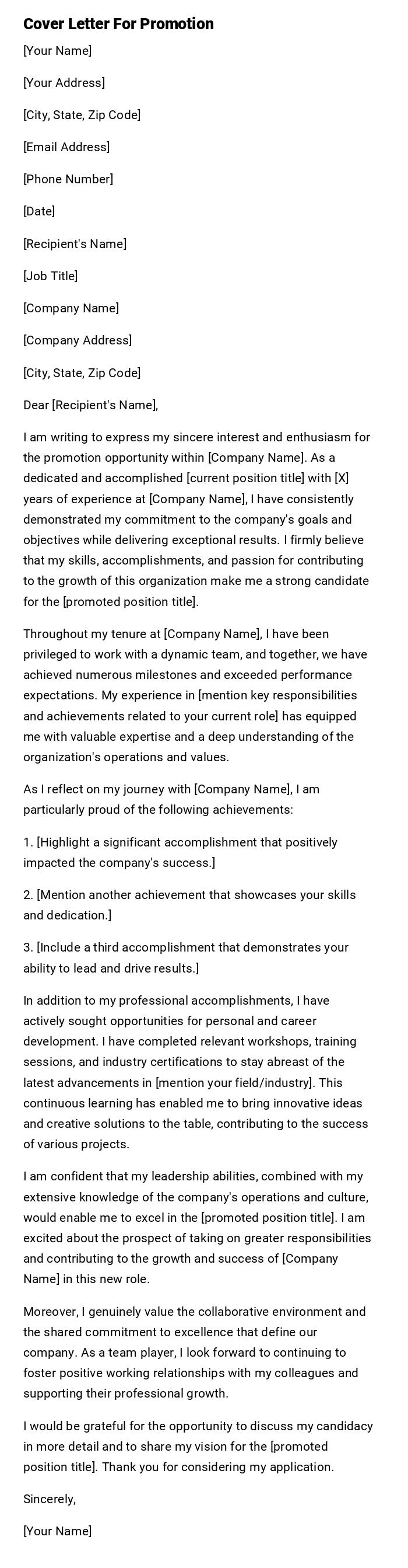 Cover Letter For Promotion