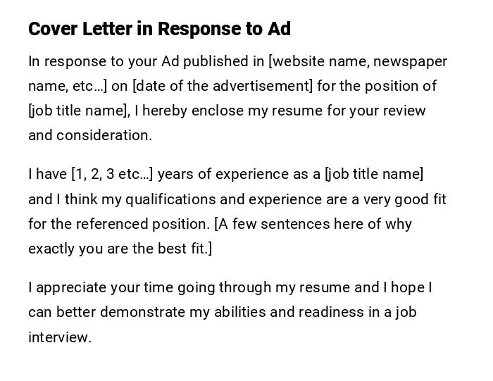 Cover Letter in Response to Ad Cover Letter in Response to Ad