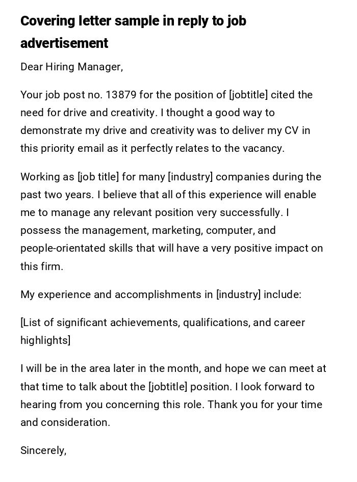 Covering letter sample in reply to job advertisement Covering letter sample in reply to job advertisement