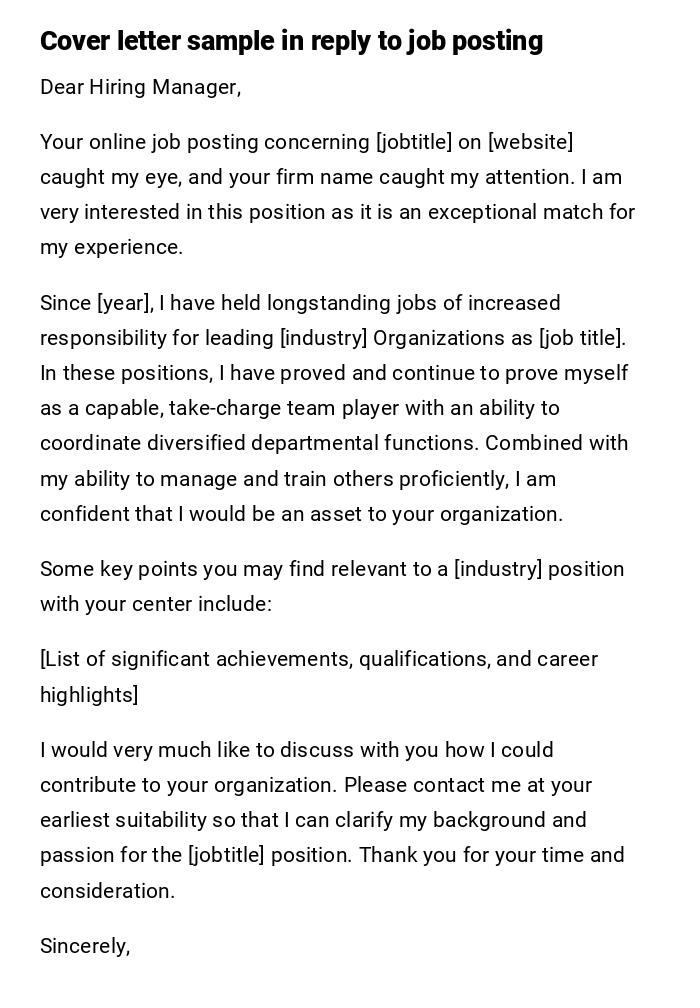 Cover letter sample in reply to job posting Cover letter sample in reply to job posting