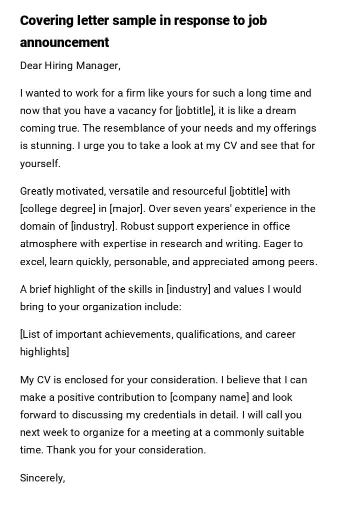 Covering letter sample in response to job announcement Covering letter sample in response to job announcement