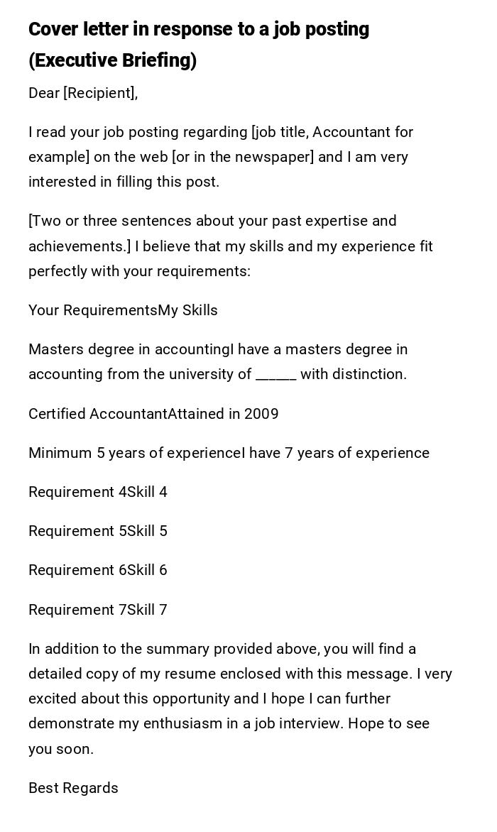 Cover letter in response to a job posting (Executive Briefing) Cover letter in response to a job posting (Executive Briefing)