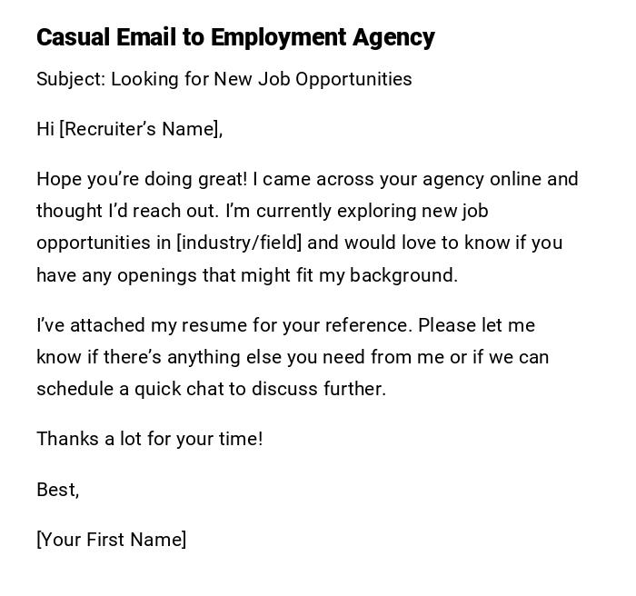 Casual Email to Employment Agency Casual Email to Employment Agency