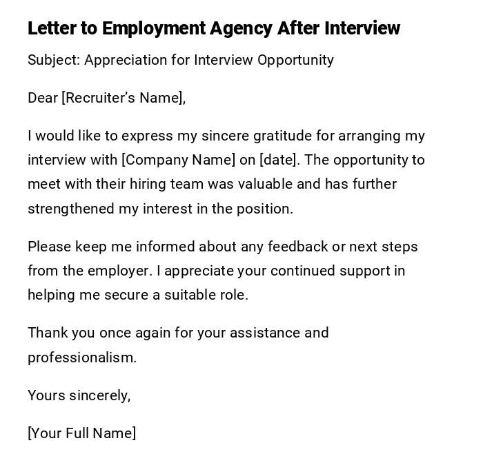 Letter to Employment Agency After Interview Letter to Employment Agency After Interview