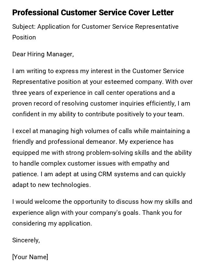 Professional Customer Service Cover Letter
