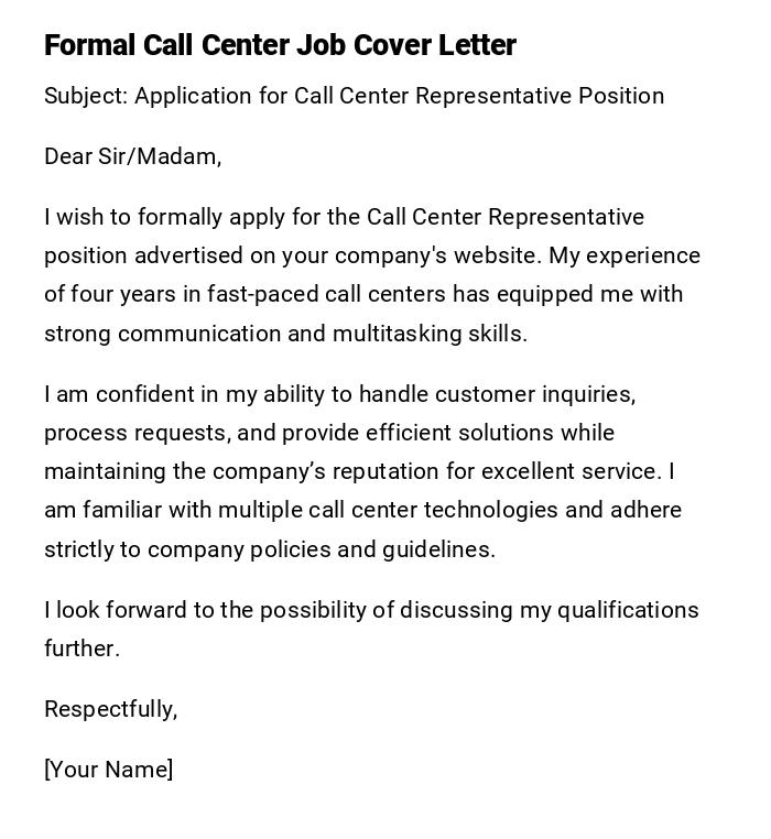 Formal Call Center Job Cover Letter