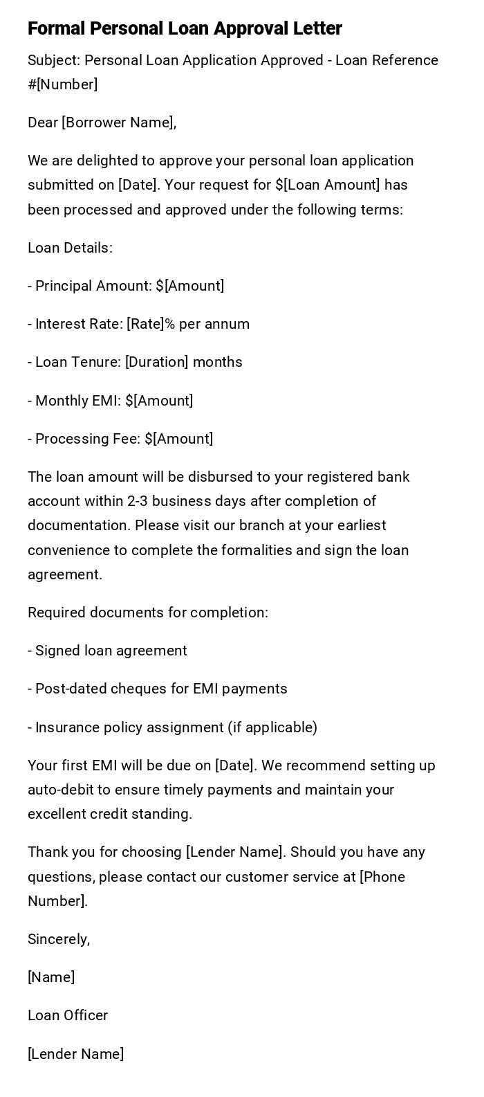 Formal Personal Loan Approval Letter Formal Personal Loan Approval Letter