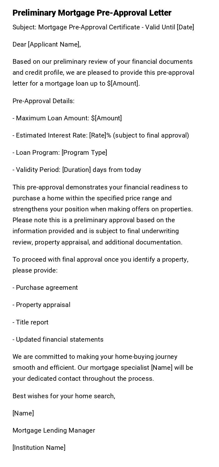 Preliminary Mortgage Pre-Approval Letter Preliminary Mortgage Pre-Approval Letter