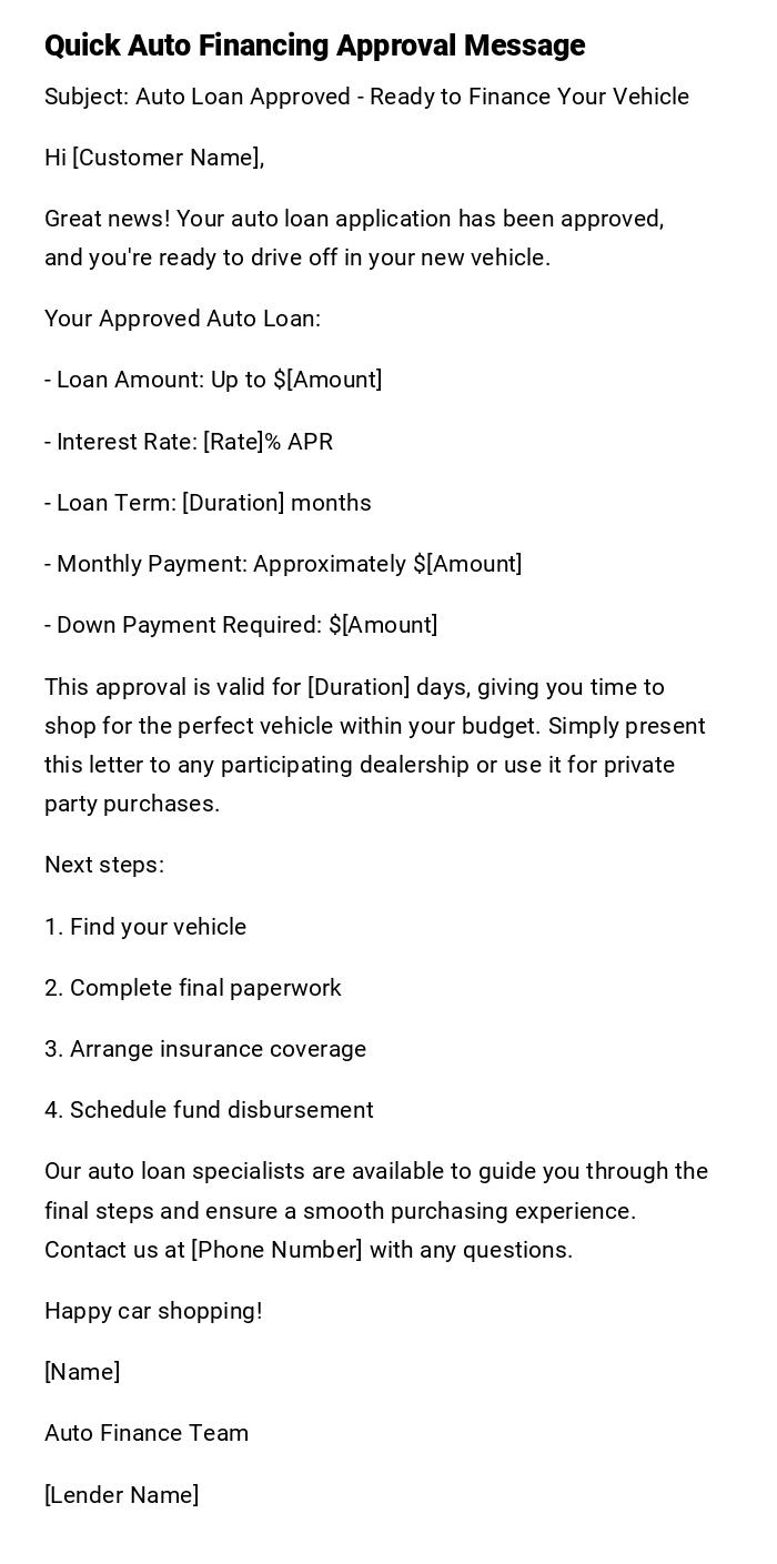 Quick Auto Financing Approval Message Quick Auto Financing Approval Message