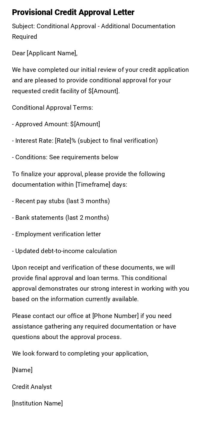 Provisional Credit Approval Letter Provisional Credit Approval Letter