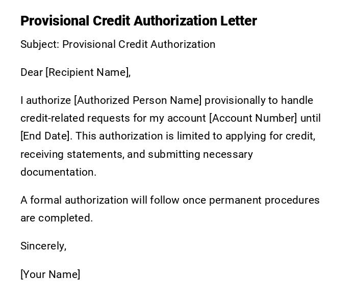 Provisional Credit Authorization Letter Provisional Credit Authorization Letter
