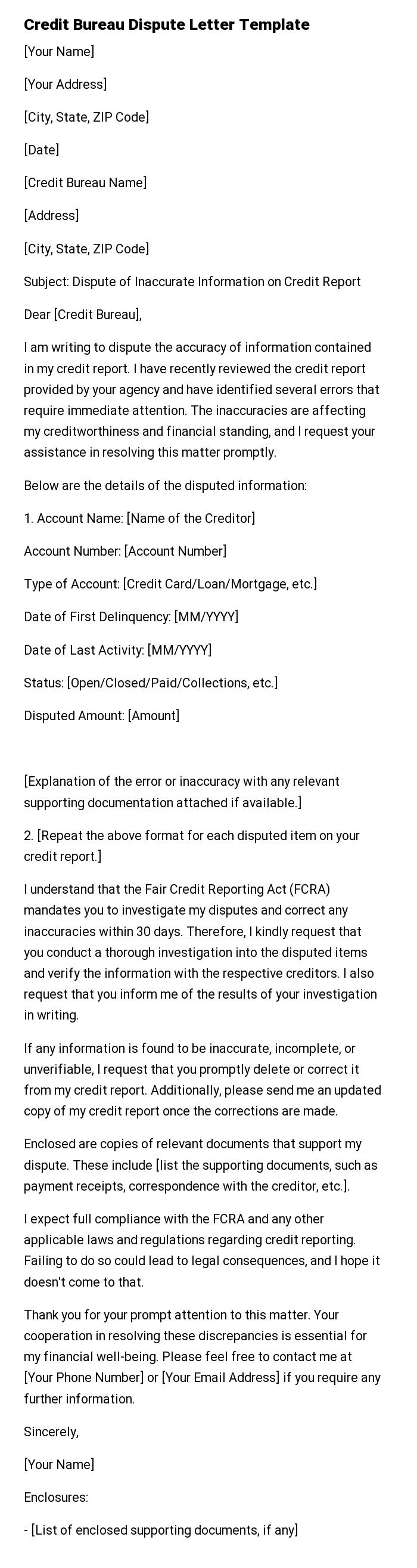 Credit Bureau Dispute Letter Template