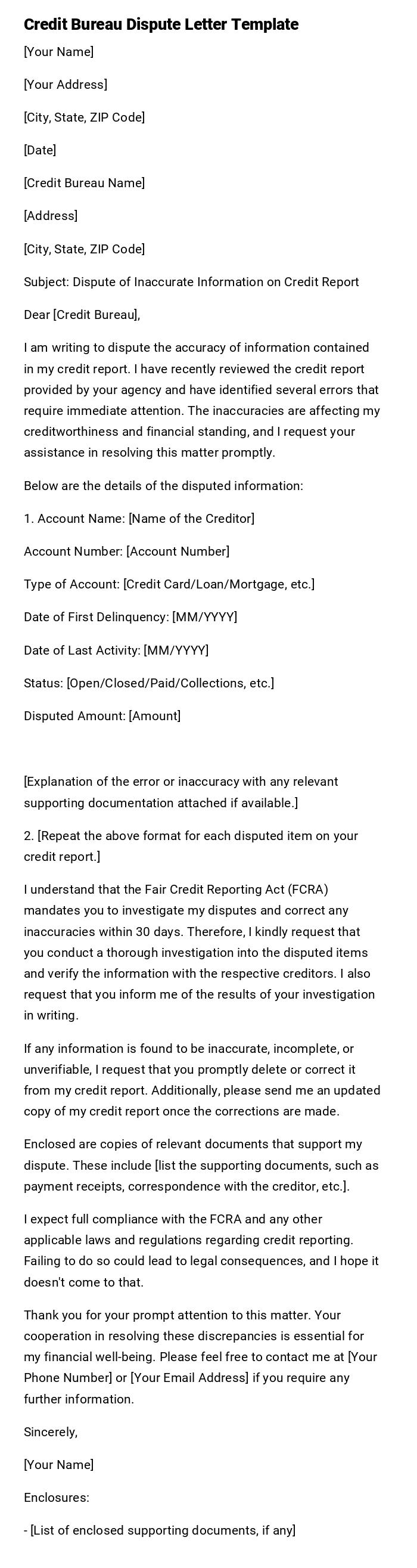 Credit Bureau Dispute Letter Template