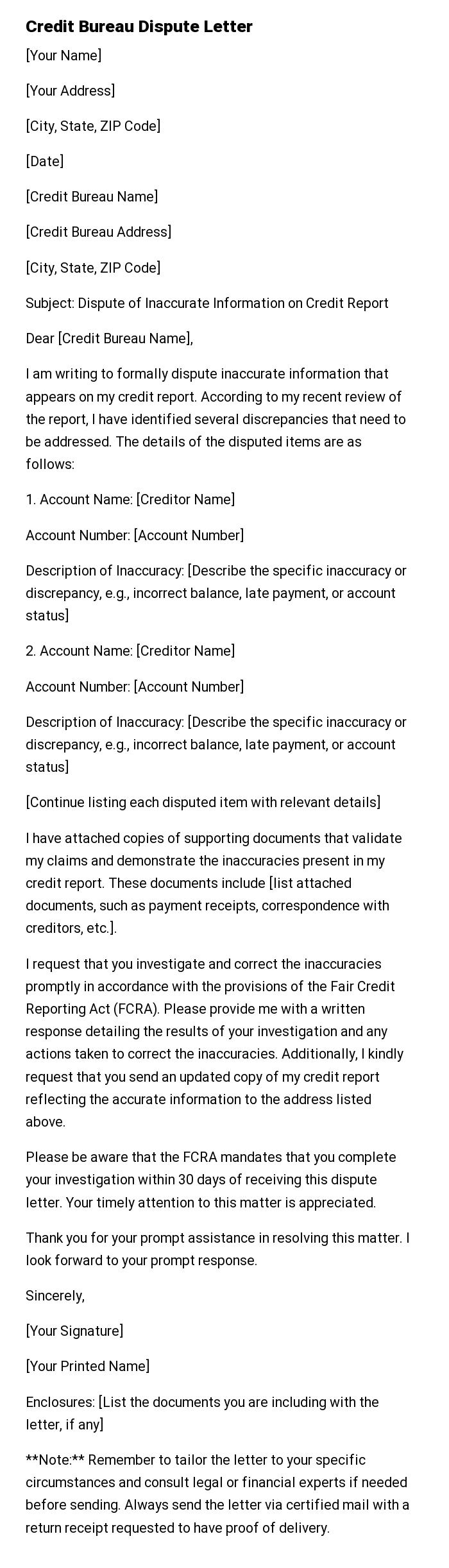 Credit Bureau Dispute Letter